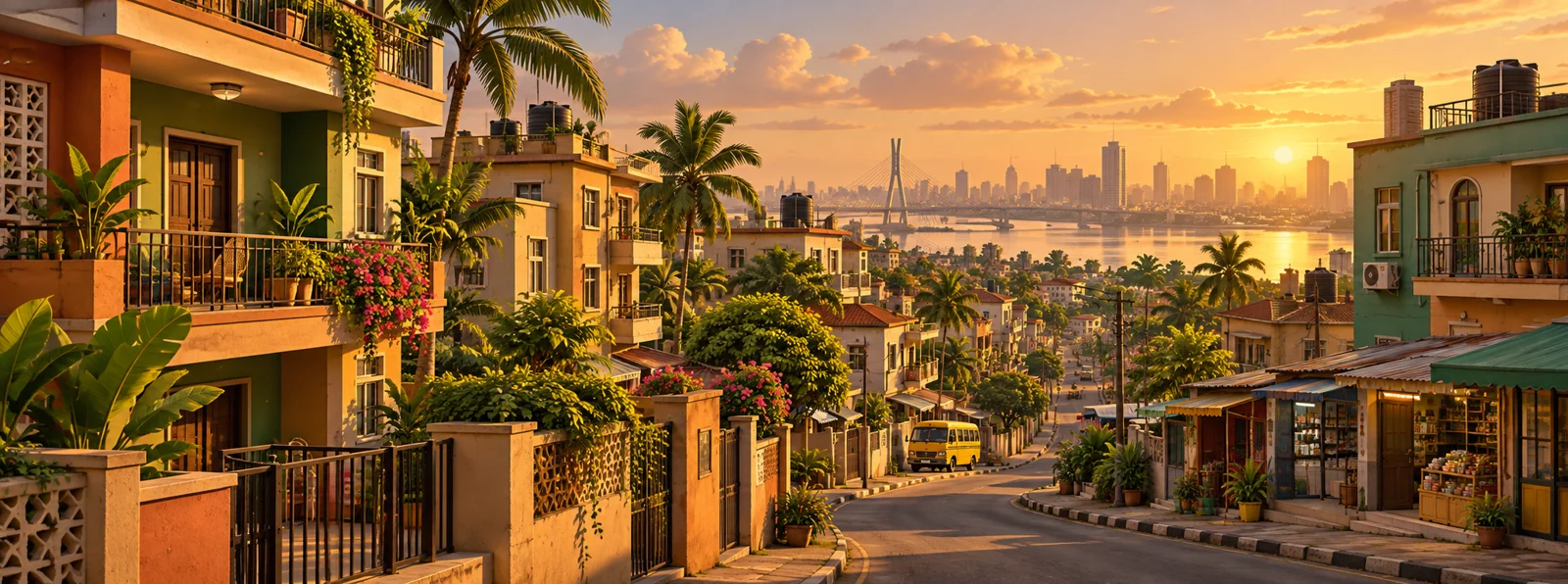 Illustrated Lagos neighborhood at sunset