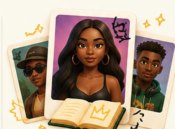 Illustrated characters and an open book